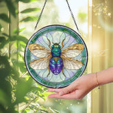 Bee Stained Glass Suncatcher, Round Insect Window Panel with Golden Wings and Green Border, Nature Inspired Home Decor Gift
